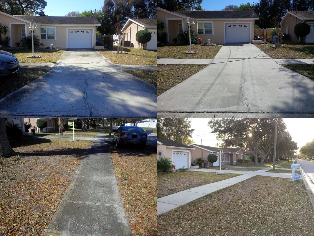 Concrete driveway and sidewalk before and after pressure washing