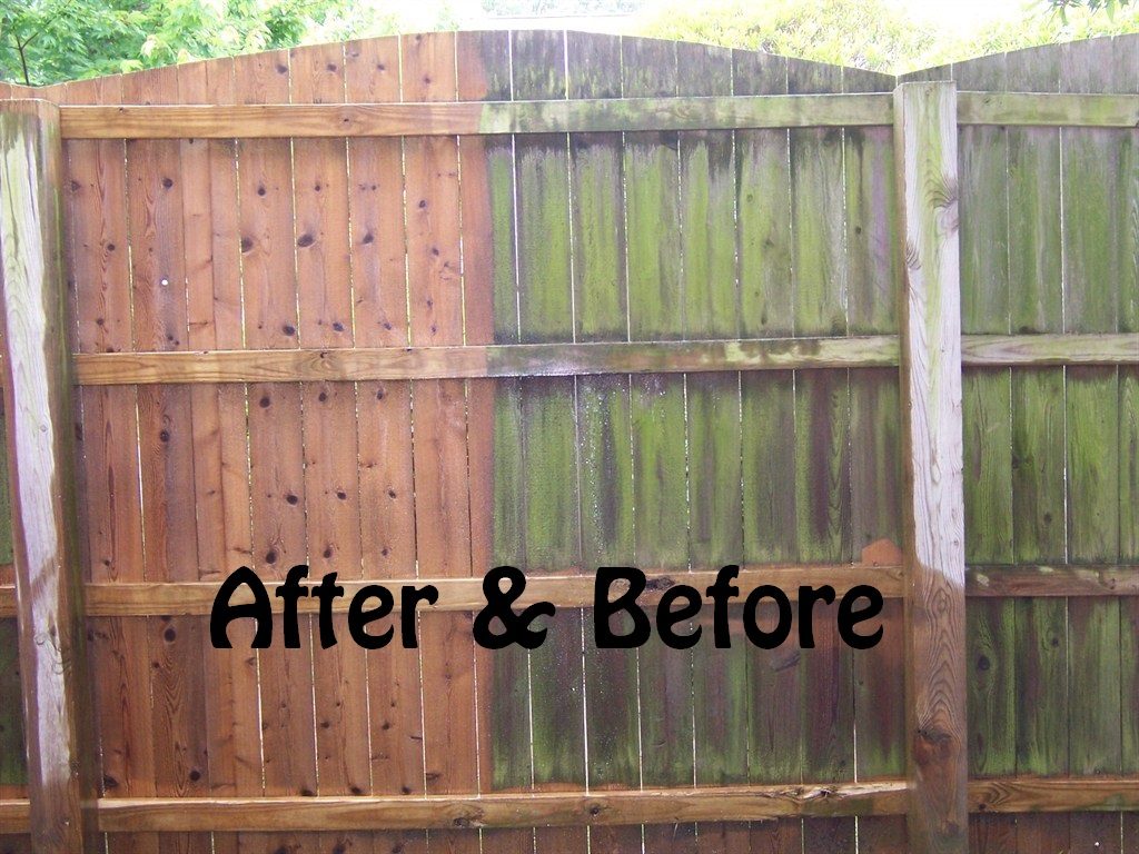 Wood fence before and after removing green algae