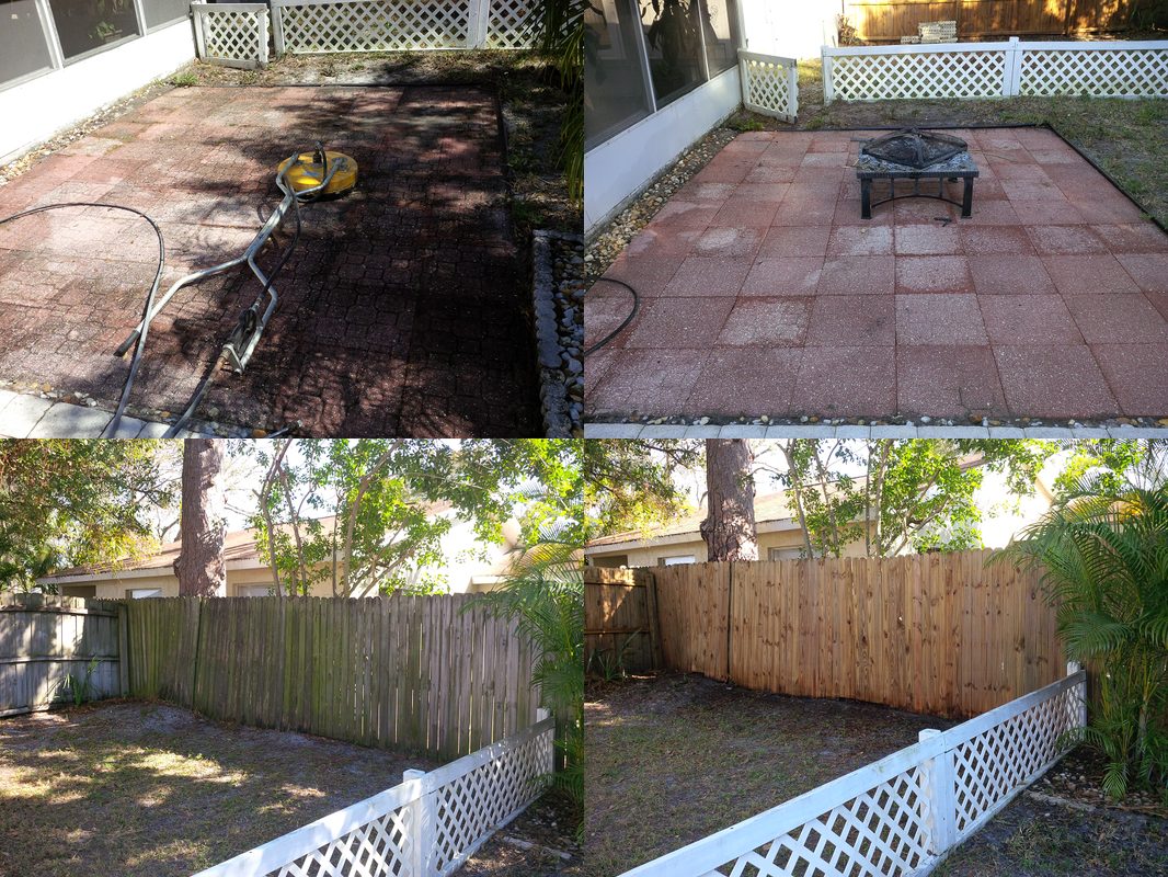 Paver patio before and after pressure washing