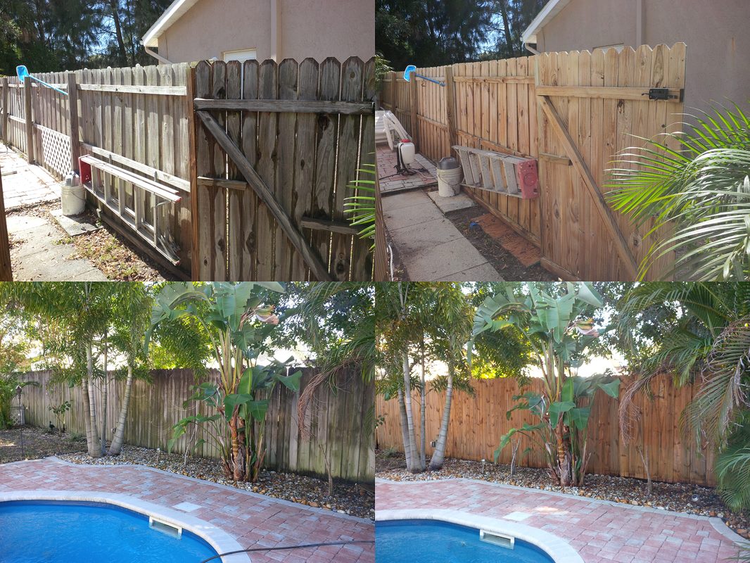 Pool deck pavers and fence before and after cleaning