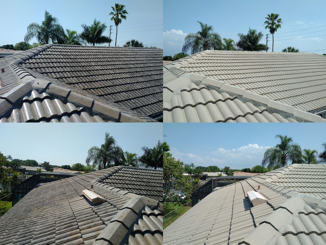 Grey tile roof before and after cleaning
