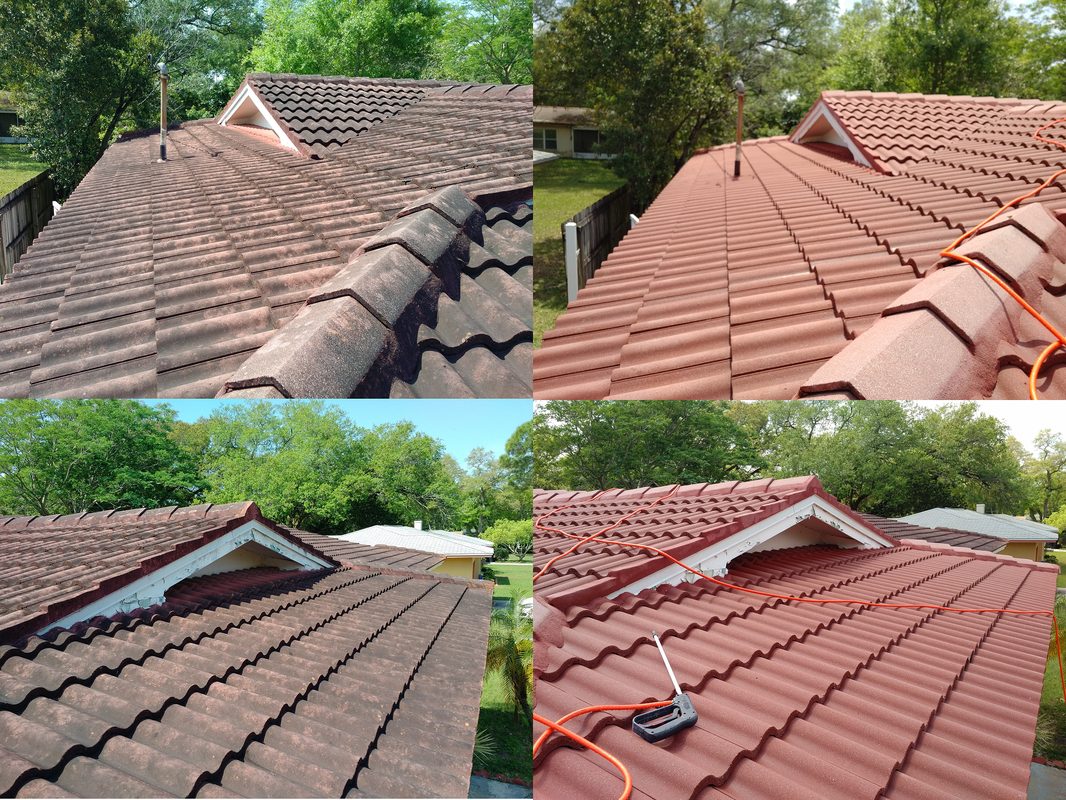 Terracotta tile roof before and after soft wash cleaning in St. Petersburg
