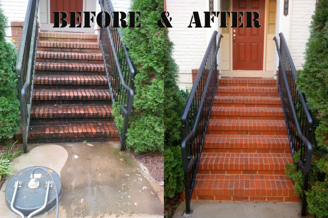 Brick steps and driveway before and after cleaning